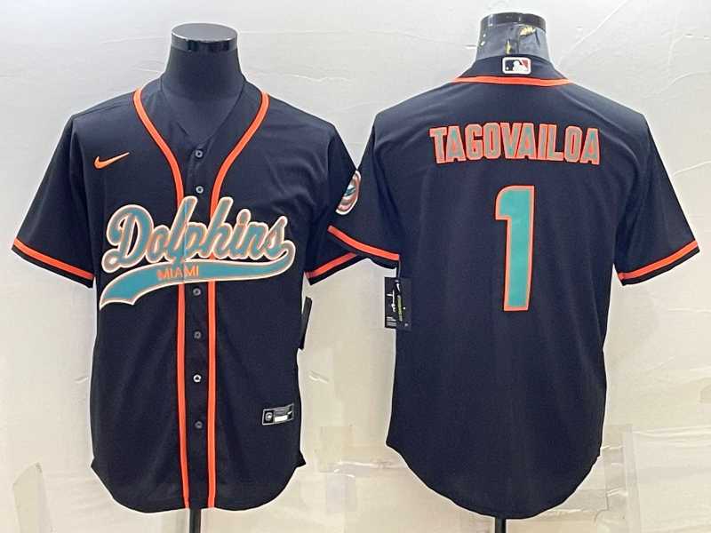 Men%27s Miami Dolphins #1 Tua Tagovailoa Black With Patch Cool Base Stitched Baseball Jersey